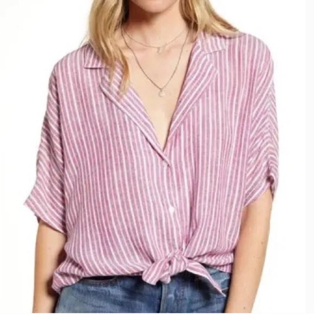 Rails Linen Tie Front Blend V-neck Marley Blouse In Lucia Stripe Size Medium